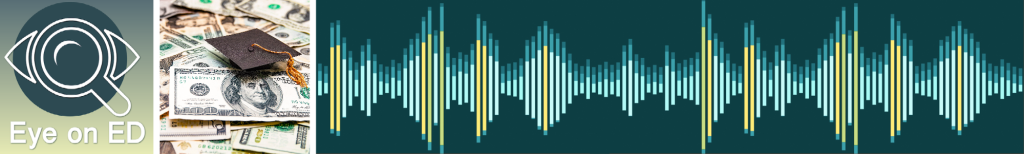 Eye on ED logo, money under graduation cap, and audio wave