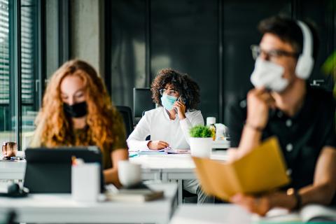 College students wearing masks in classroom