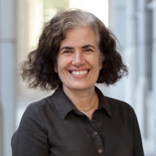 Headshot of Antigone Potamianos wearing a dark gray collared dress. She has medium length wavy hair that is down and parted on the right side.