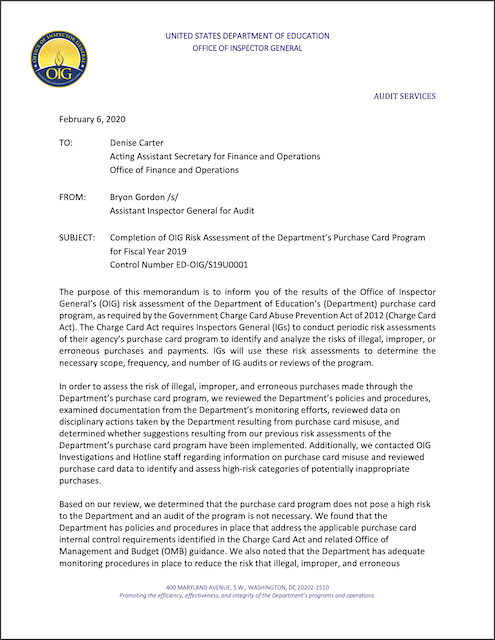 Cover of OIG Risk Assessment of the Department’s Purchase Card Program for Fiscal Year 2019