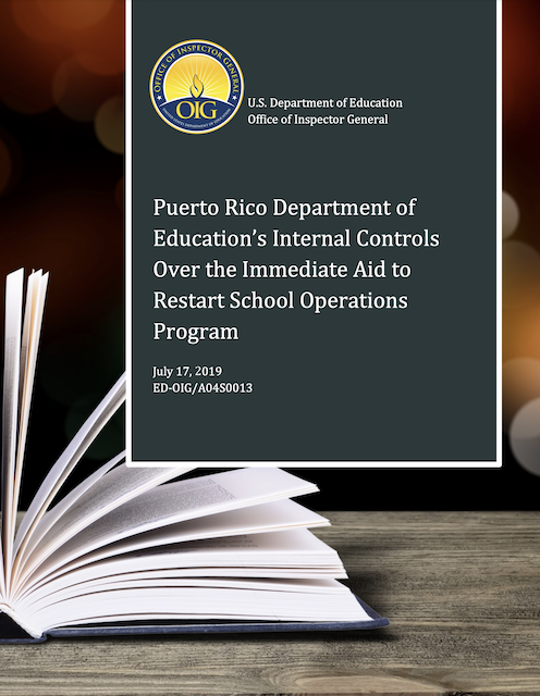 Cover of Puerto Rico Department of Education’s Internal Controls Over the Immediate Aid to Restart School Operations Program