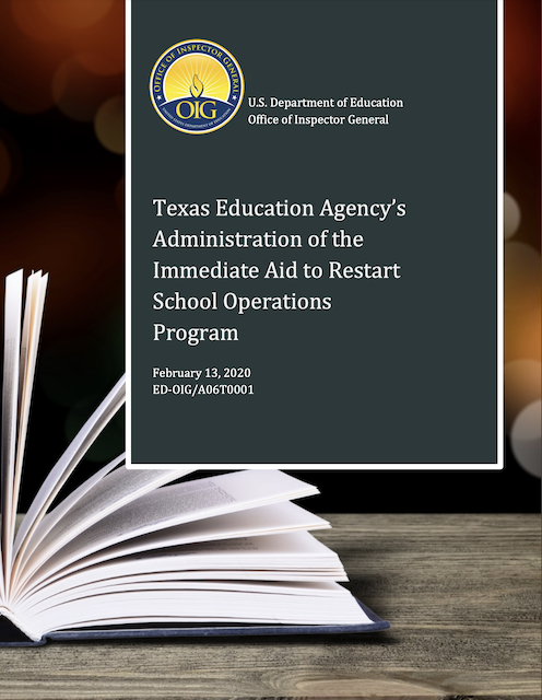 Cover of Texas Education Agency’s Administration of the Immediate Aid to Restart School Operations Program 