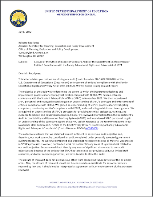 Cover of FERPA Audit Closure